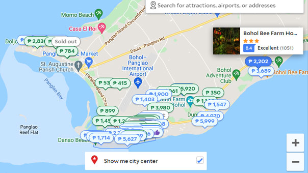 A map of hotels with prices